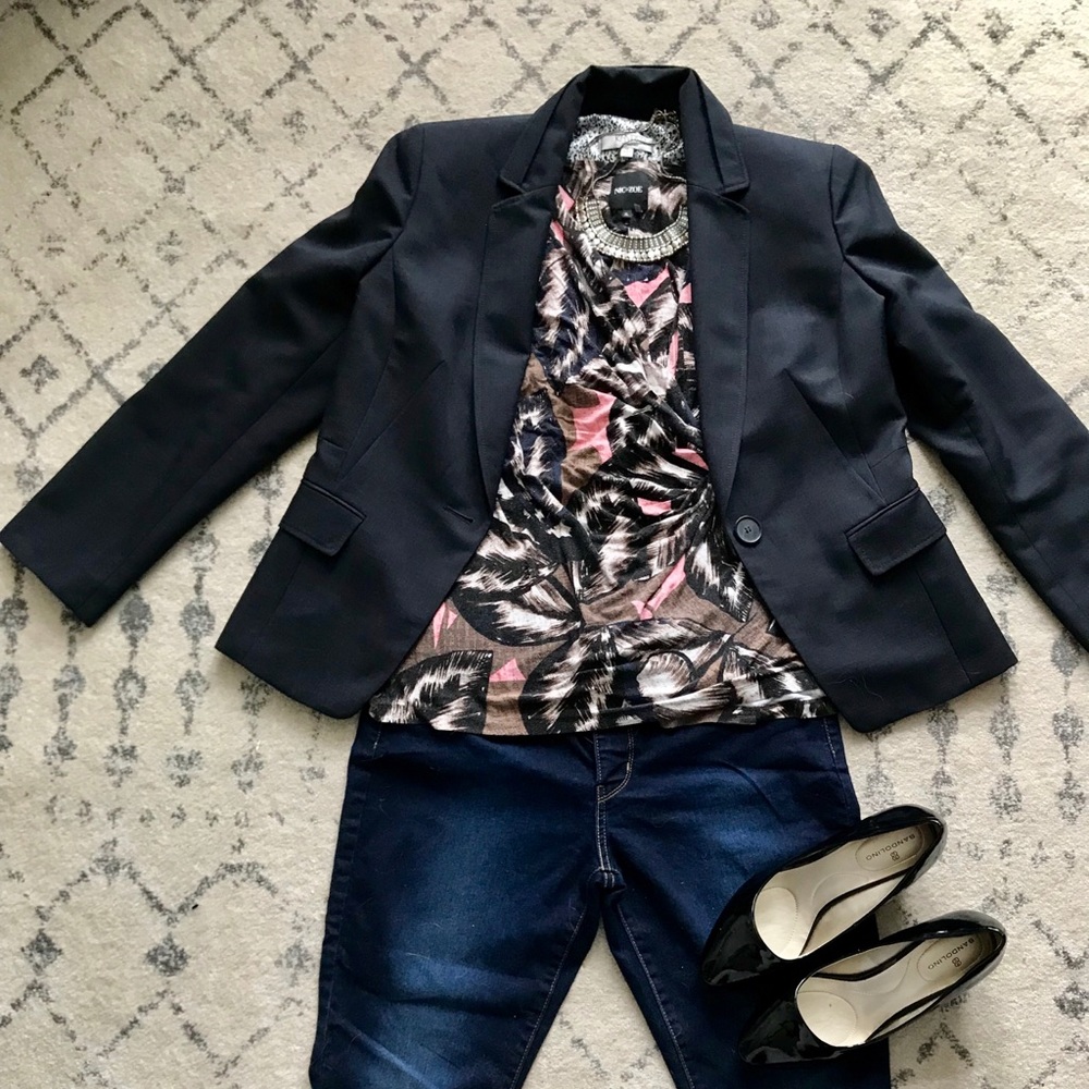 XL Nic + Zoe Navy, Brown, and Pink Faux Wrap Top